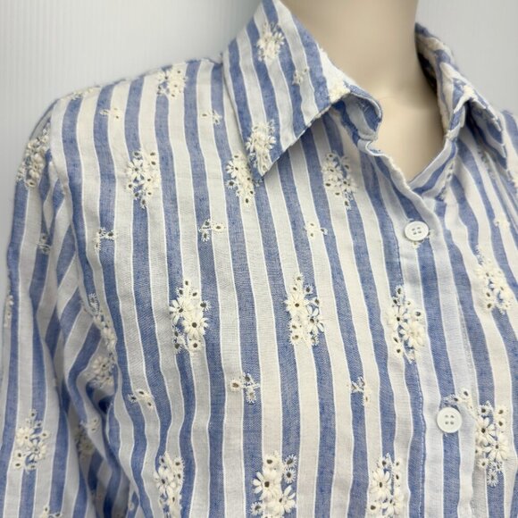 SENSUNIQ PARIS Cotton Striped Blue White Buttoned Up Embroided Floral Shirt sz M - Picture 4 of 7